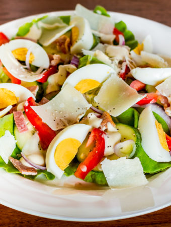 Bacon and egg salad in a bowl.